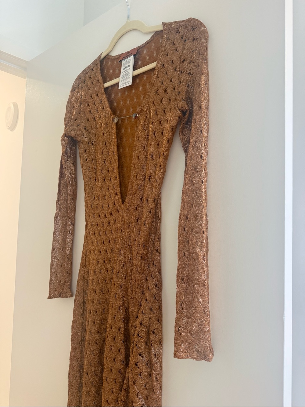 Missoni Brown Openwork V-Neck Long-Sleeve Knit Metallic Dress - Picture 4 of 6